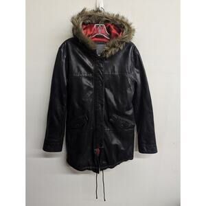 Gilded Age Women's Leather Parka Coat Fur Hood Black Jacket Size Small